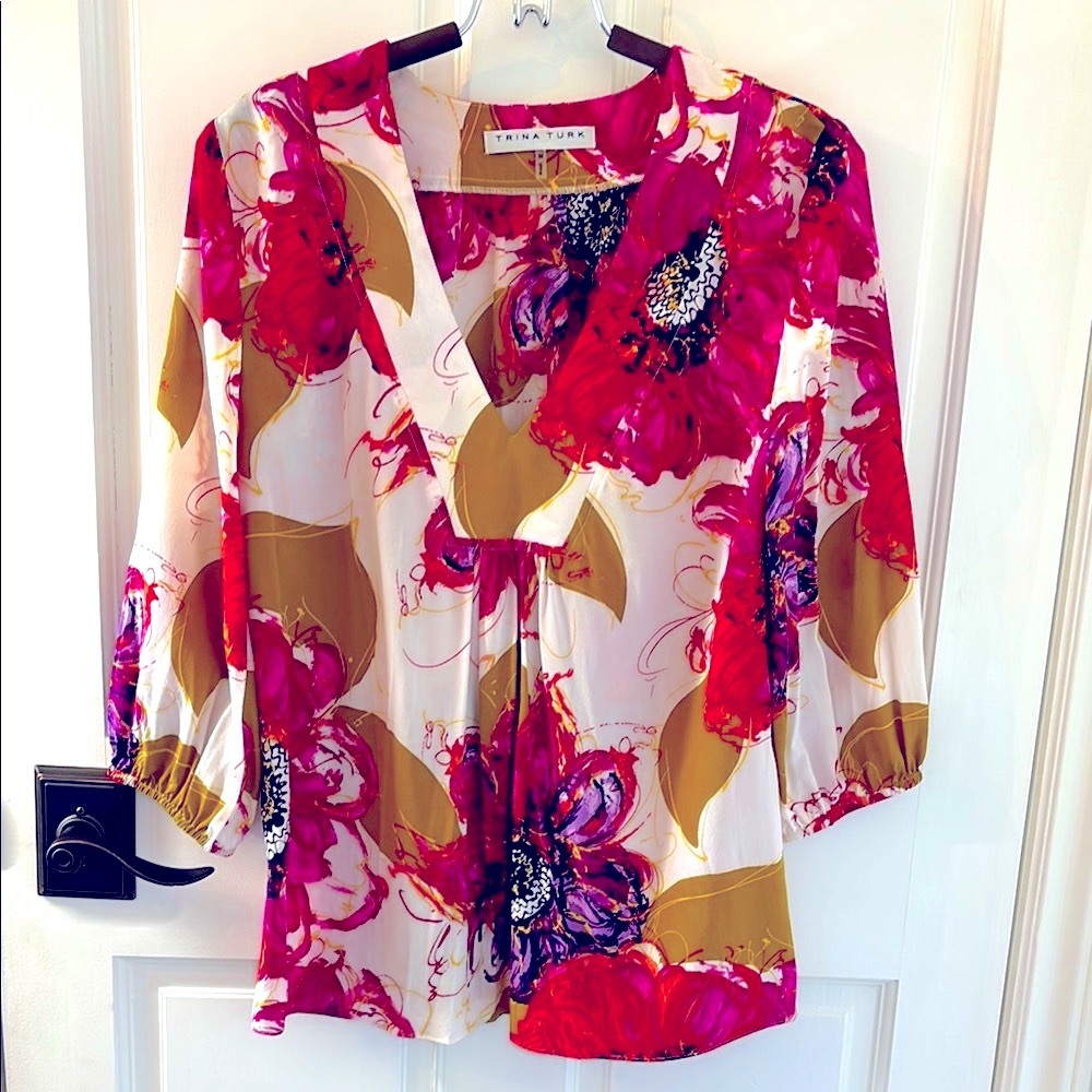 Silk Trina Turk Women's Floral Top - Pink and Green Sz:M